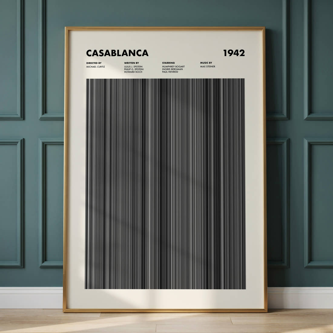 Casablanca Movie Barcode Poster framed and leaning against a panelled wall