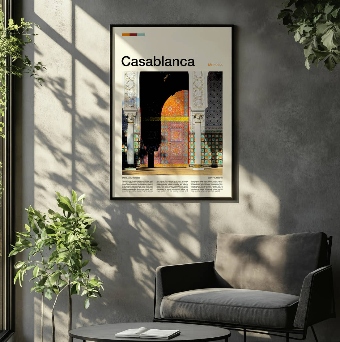 Casablanca Ornate Doorway Travel Print framed on the wall of a relaxed living room