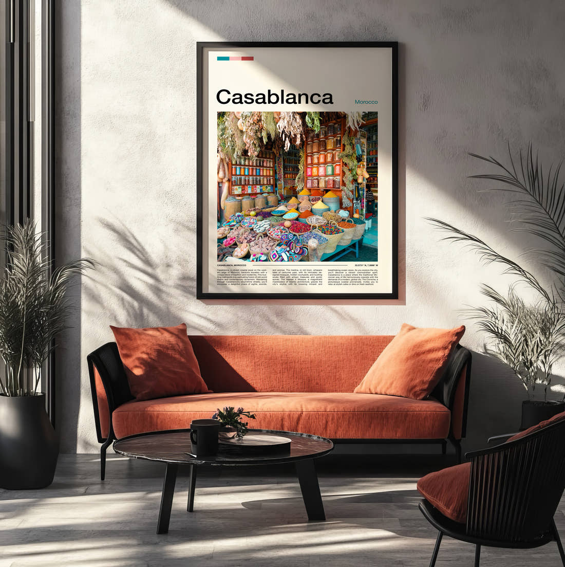 Casablanca Spice Market Stall Travel Print framed on the wall of a modern living room