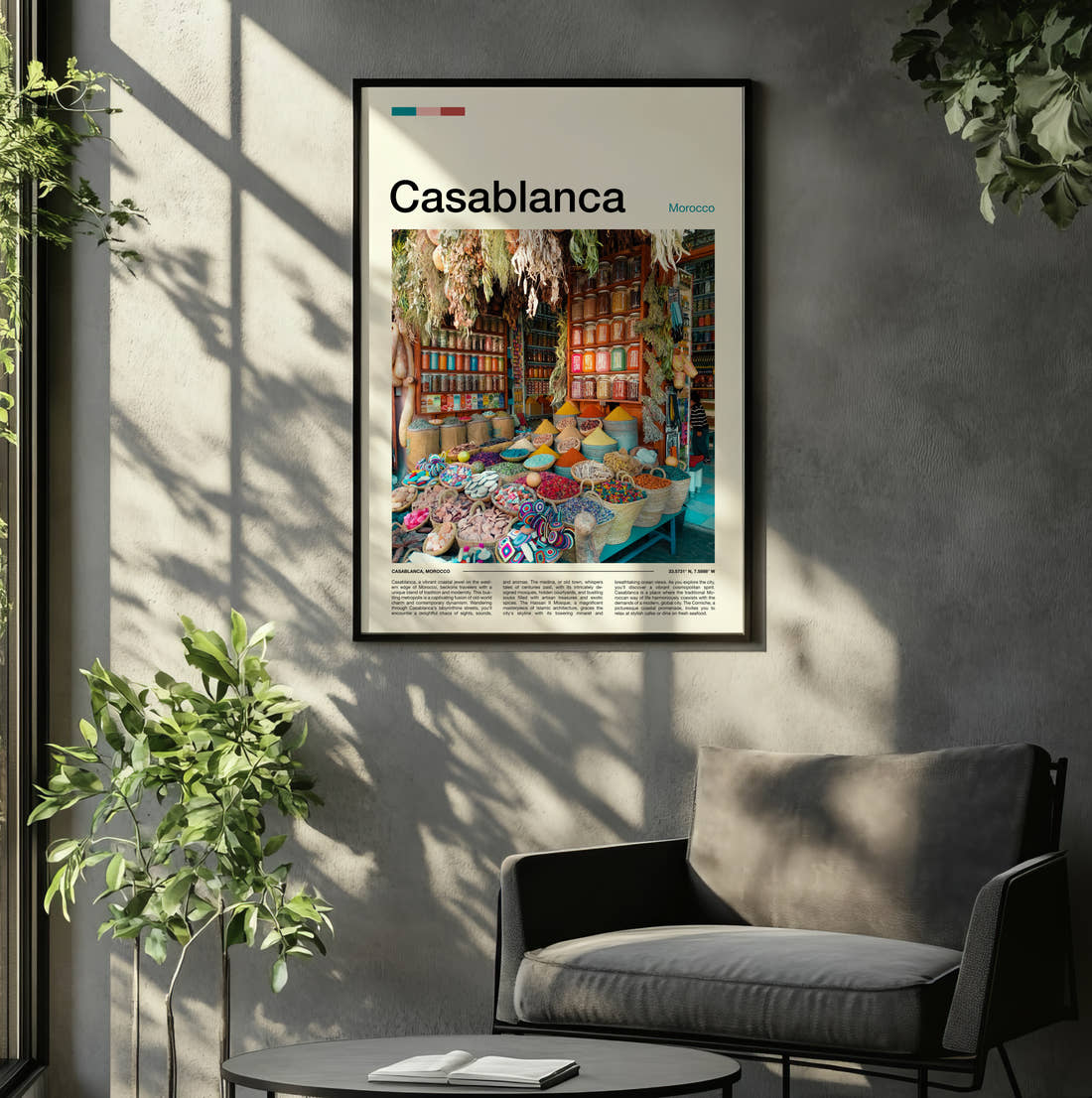 Casablanca Spice Market Stall Travel Print framed on the wall of a relaxed living room