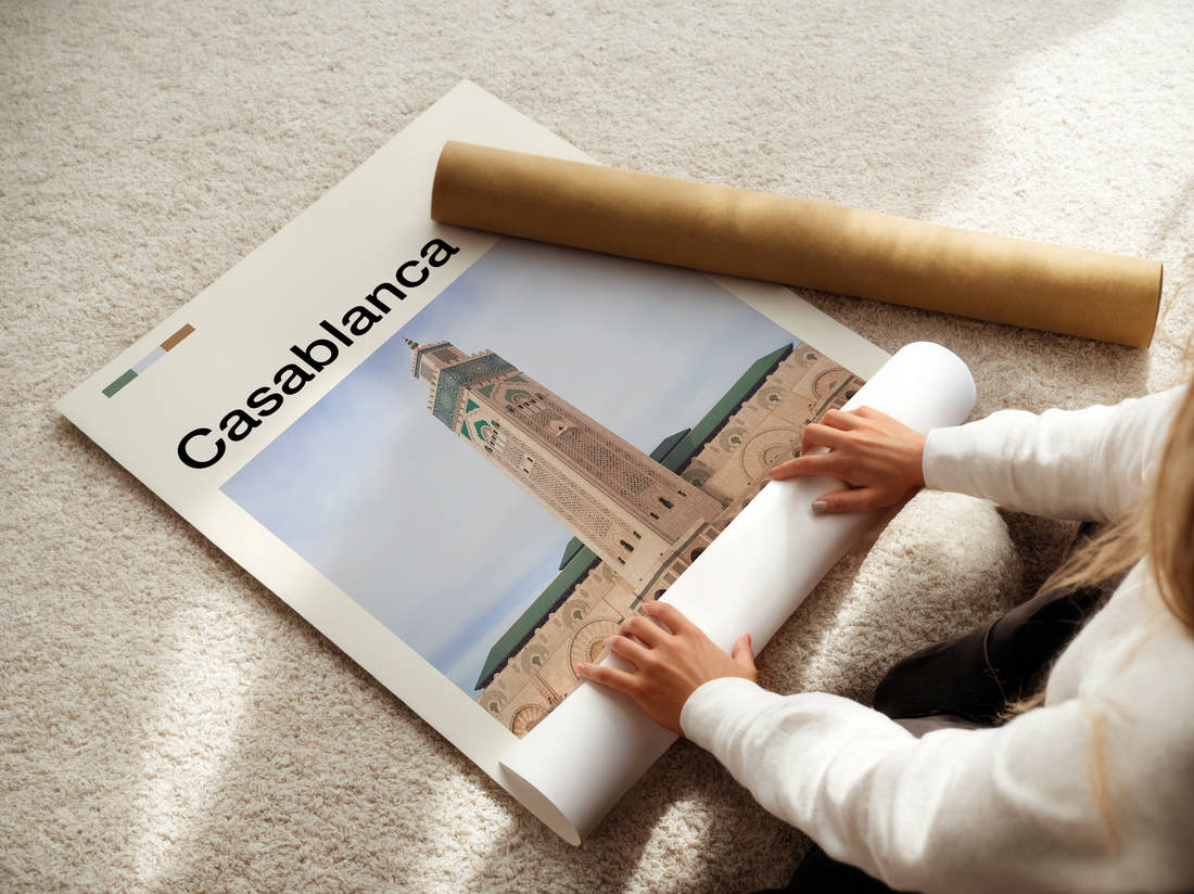 Casablanca Hassan II Mosque Travel Print being unrolled from its postal tube