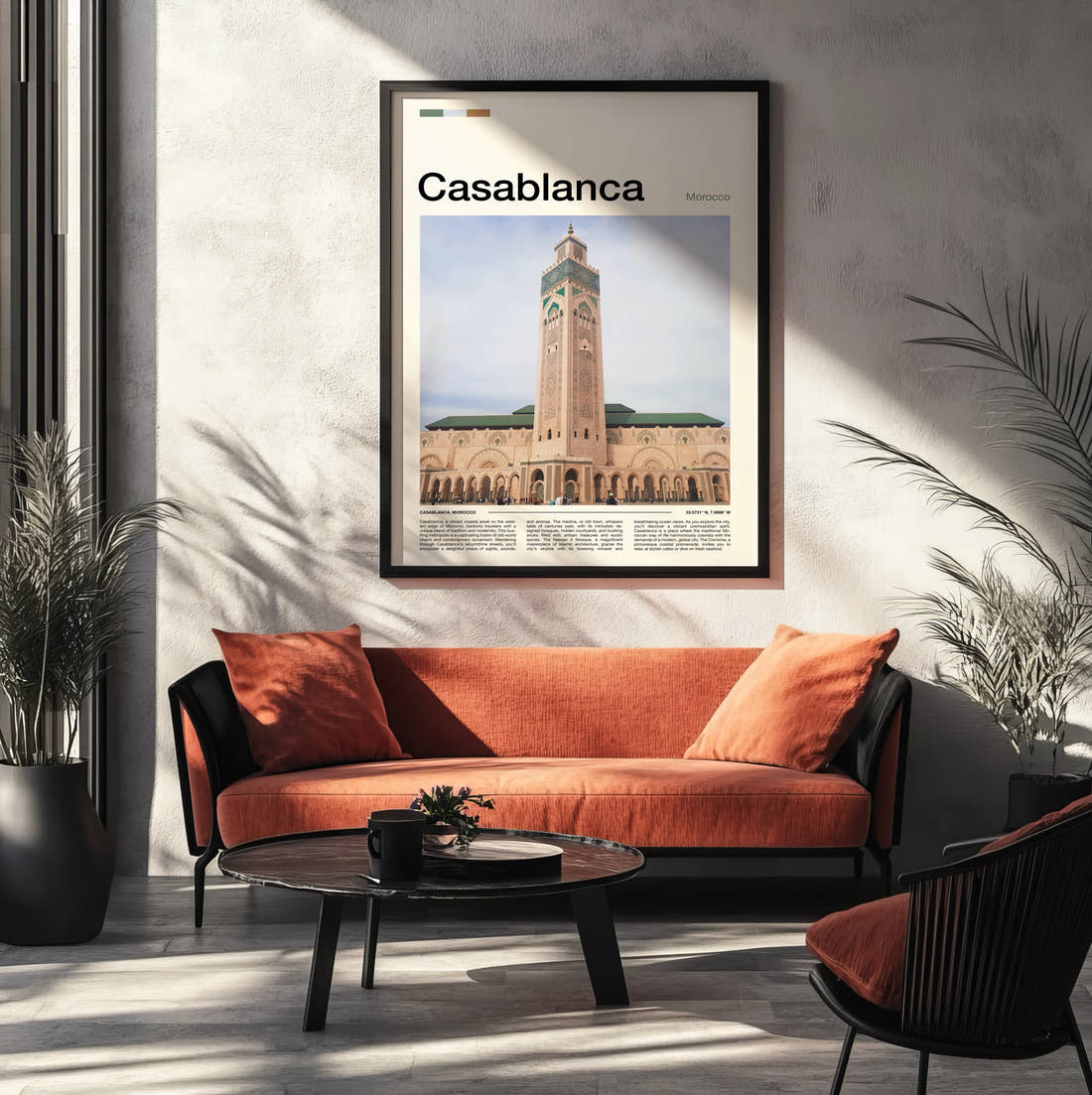 Casablanca Hassan II Mosque Travel Print framed on the wall of a modern living room