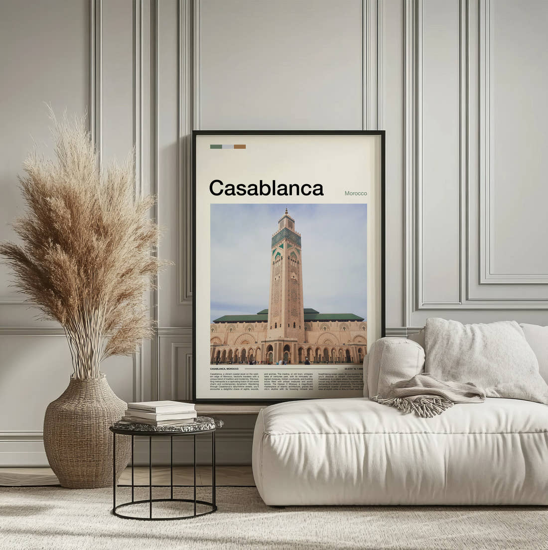 Casablanca Hassan II Mosque Travel Print framed on the wall of a calm, neutral bedroom