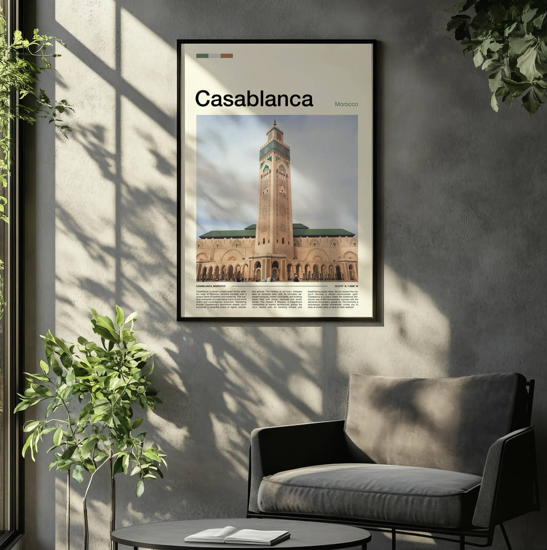Casablanca Hassan II Mosque Travel Print framed on the wall of a relaxed living room