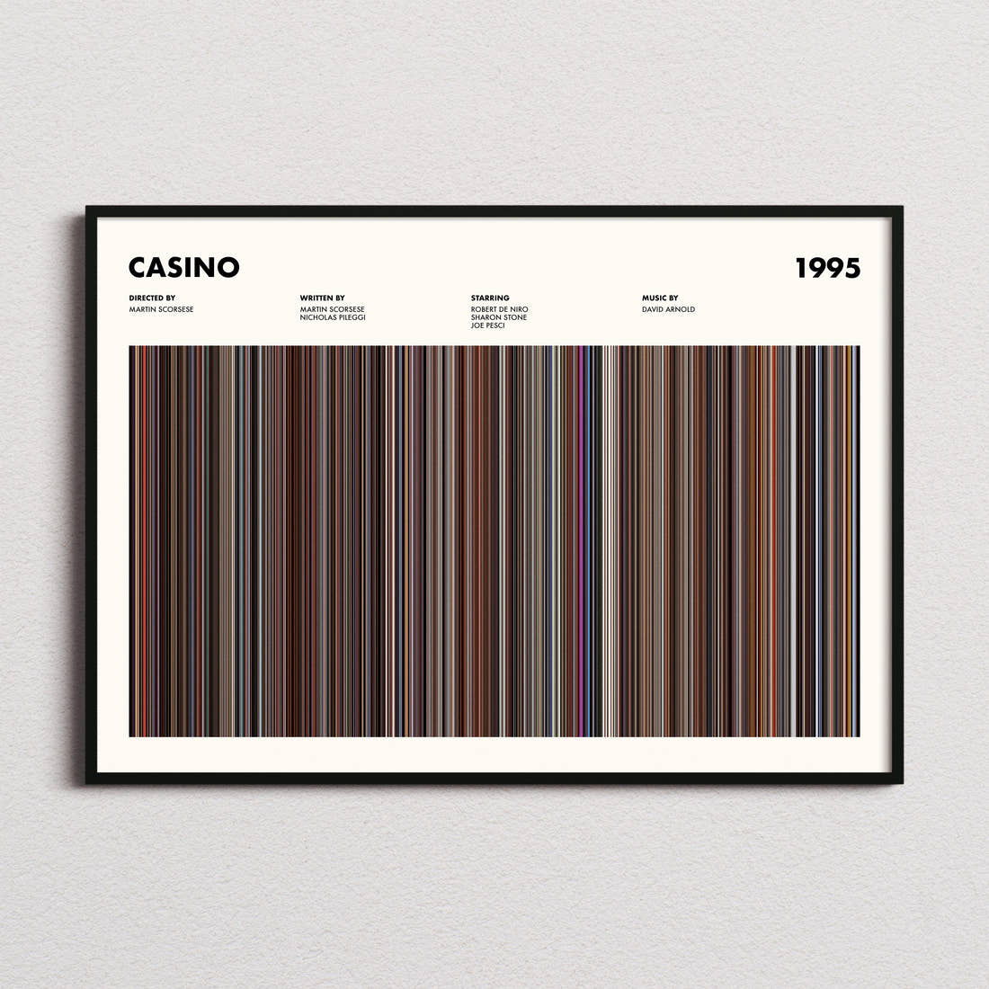 Casino Movie Barcode Poster framed and photographed straight on