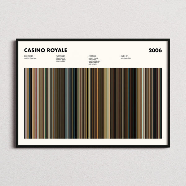 Casino Royale Movie Barcode Poster framed and photographed straight on