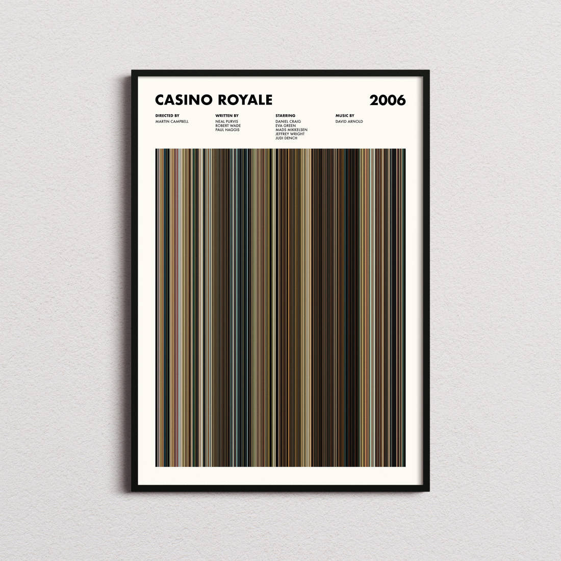 Casino Royale Movie Barcode Poster framed on a plain studio wall