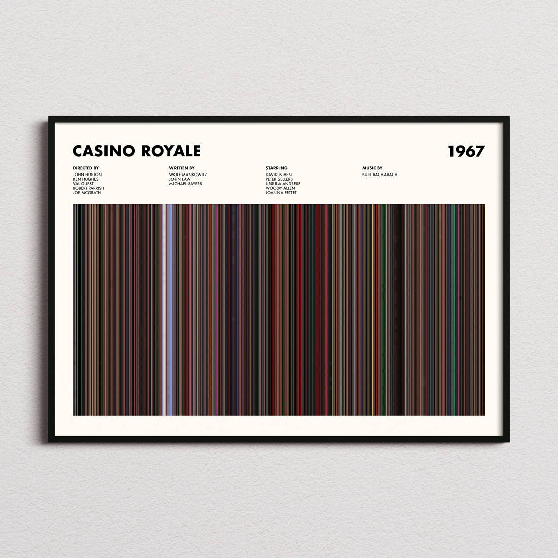 Casino Royale (1967) Movie Barcode Poster framed and photographed straight on
