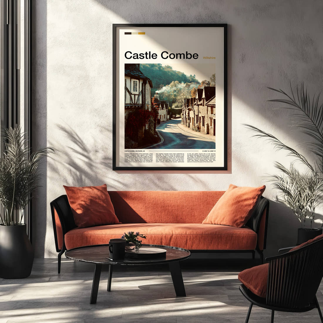 Castle Combe Honey-Stone Village Lane Travel Print framed on the wall of a modern living room