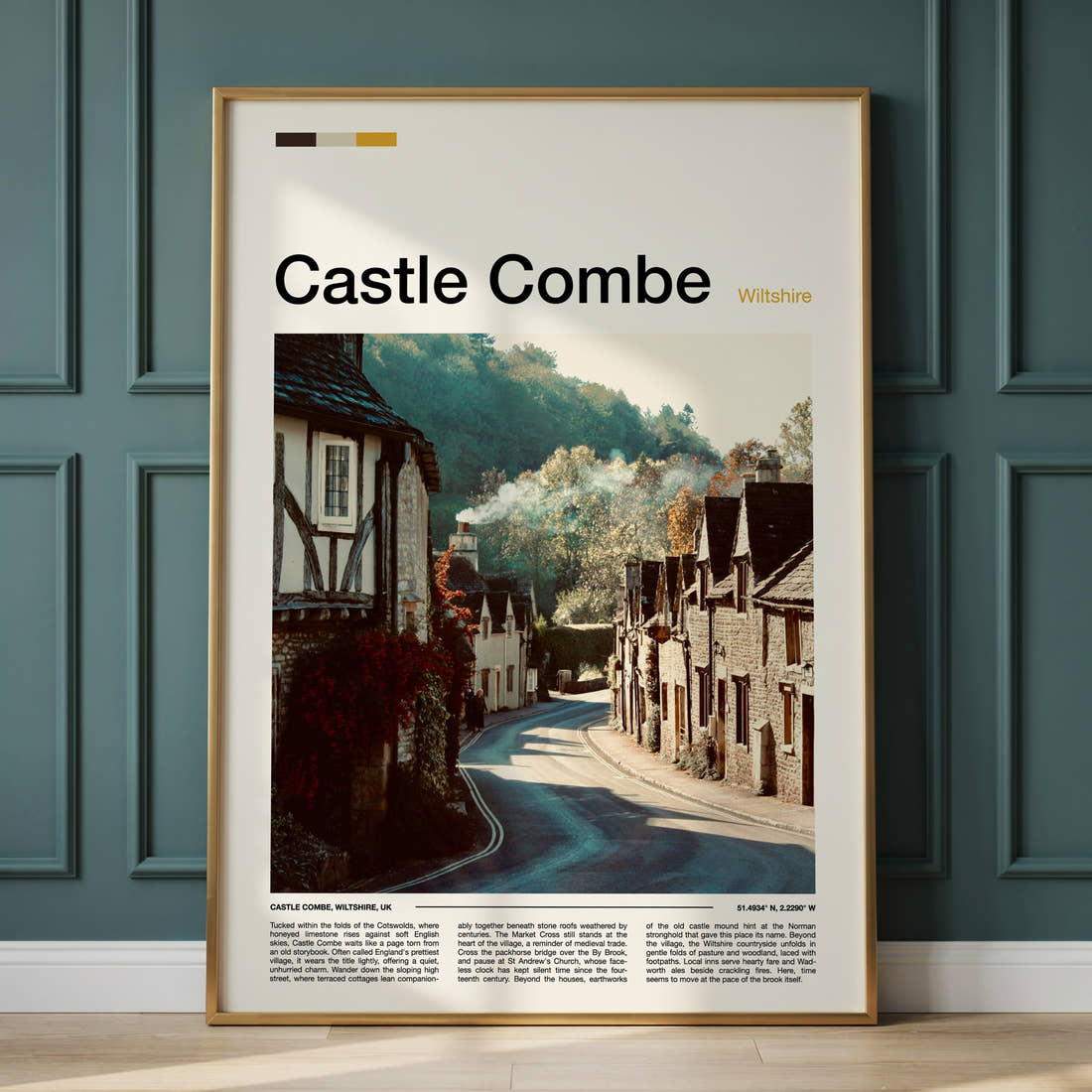Castle Combe Honey-Stone Village Lane Travel Print framed on the wall of a calm, neutral bedroom