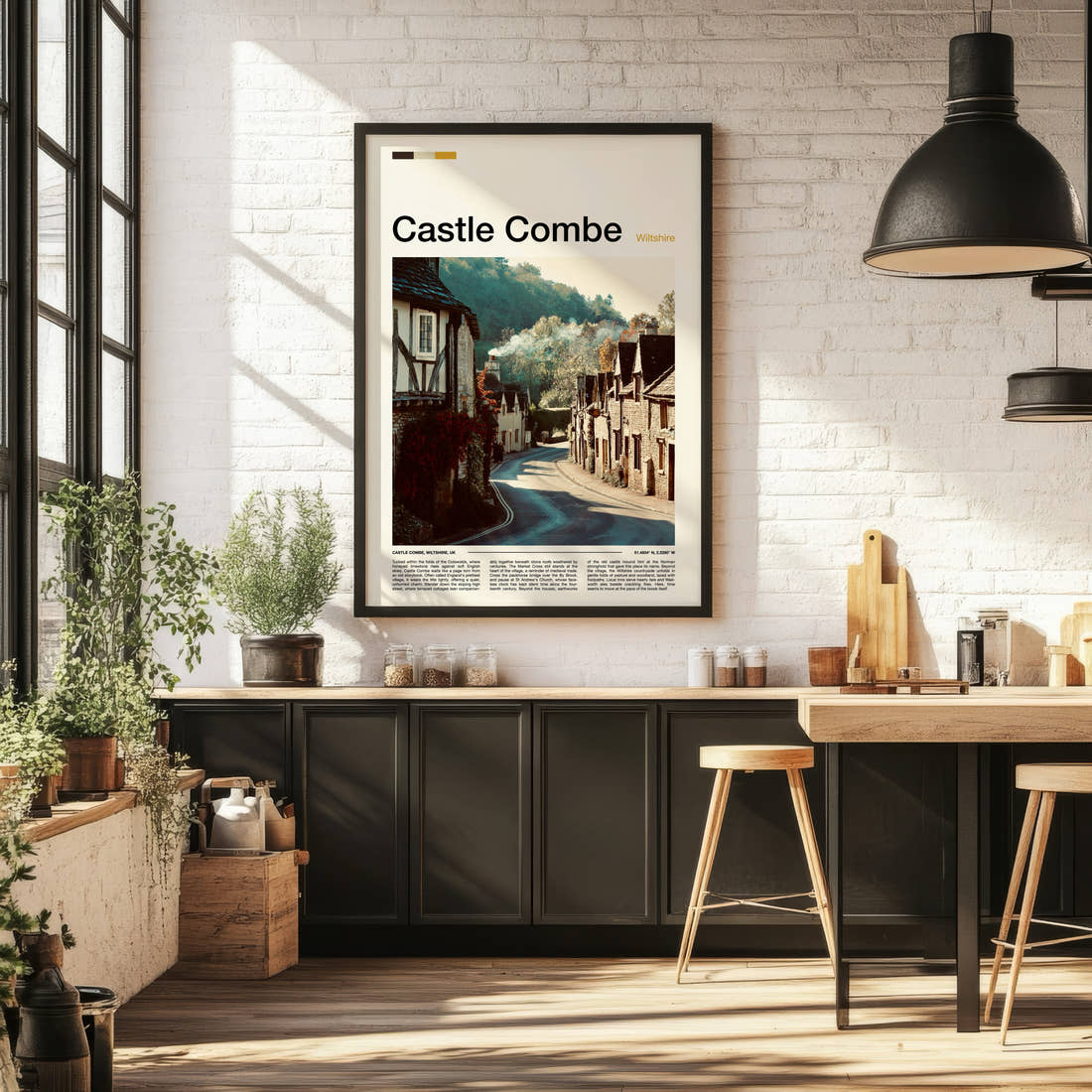 Castle Combe Honey-Stone Village Lane Travel Print framed on the wall of a bright kitchen and dining space
