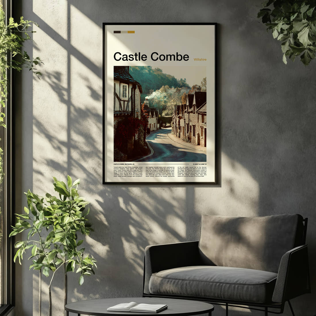 Castle Combe Honey-Stone Village Lane Travel Print framed on the wall of a relaxed living room