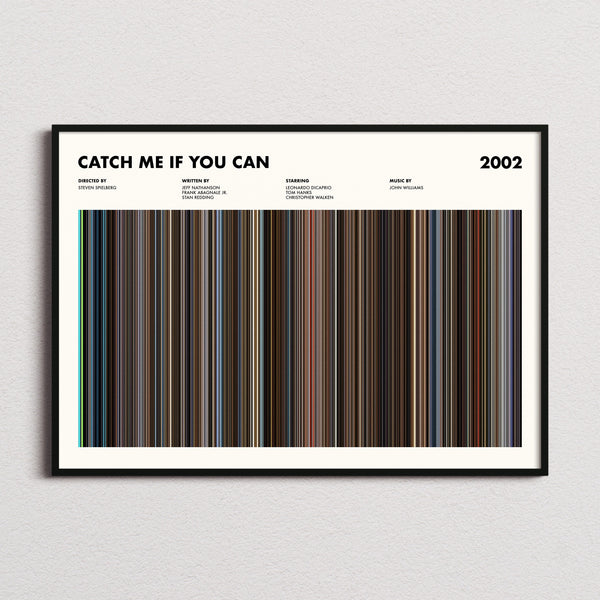 Catch Me If You Can Movie Barcode Poster framed and photographed straight on