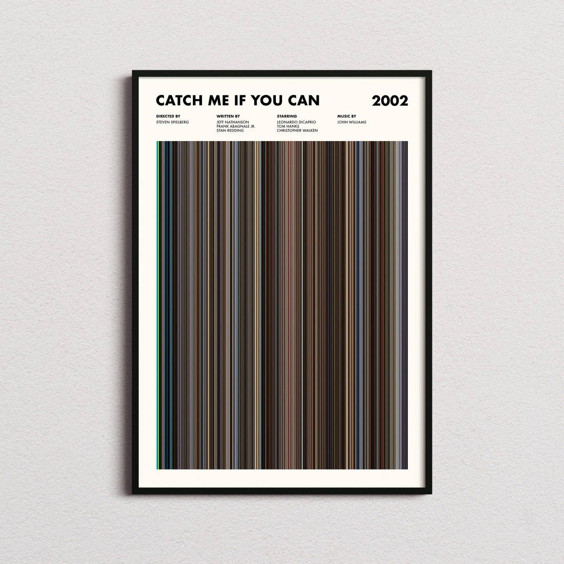 Catch Me If You Can Movie Barcode Poster framed on a plain studio wall