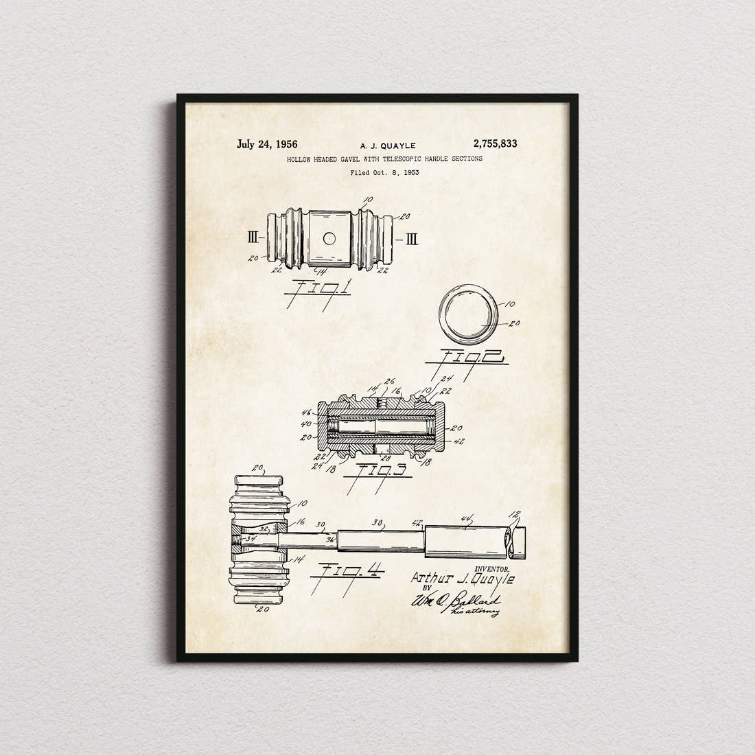 Gavel Patent Print in the aged paper colourway, framed