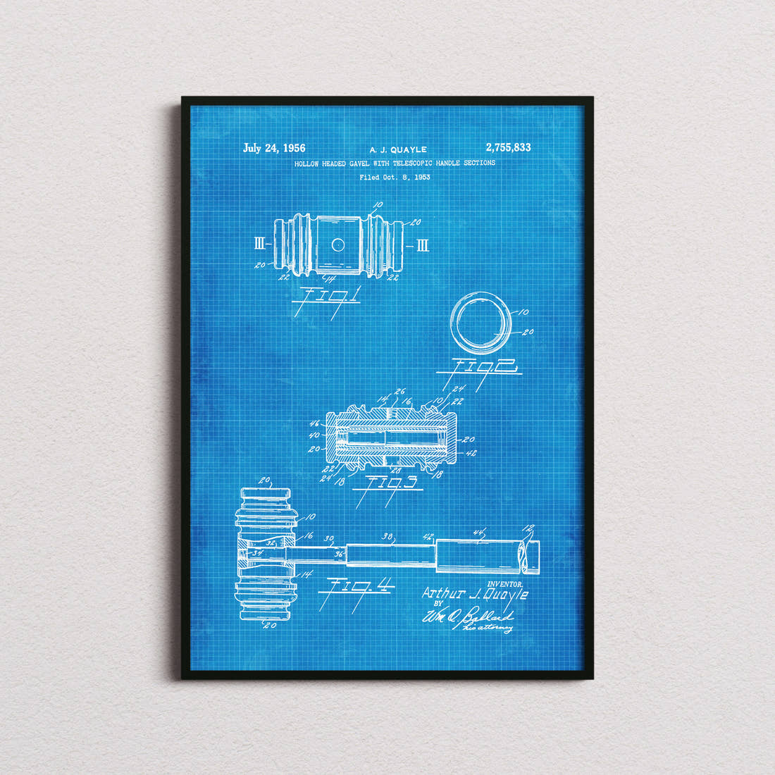 Gavel Patent Print in the blueprint colourway, framed