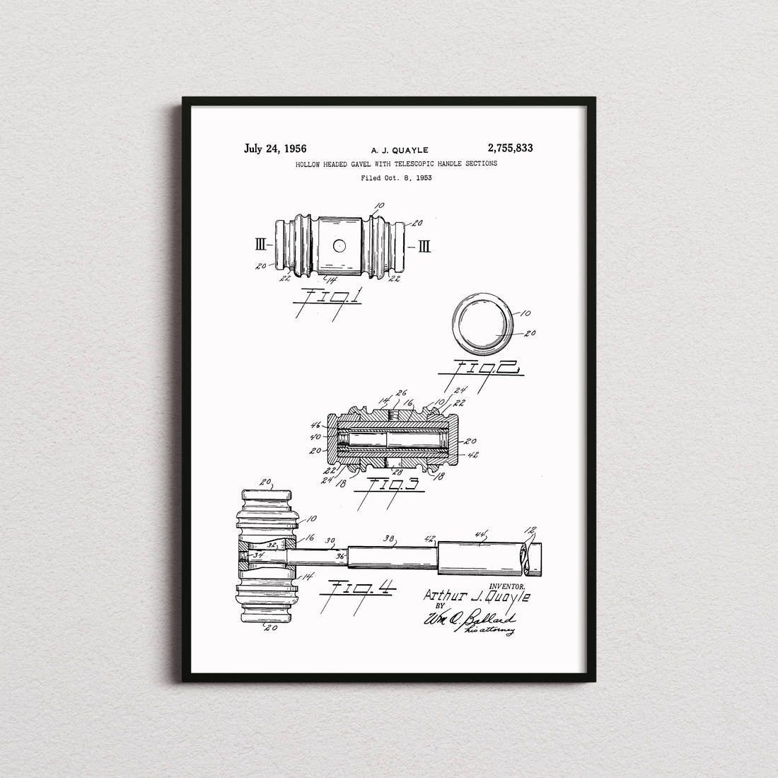 Gavel Patent Print in the white colourway, framed