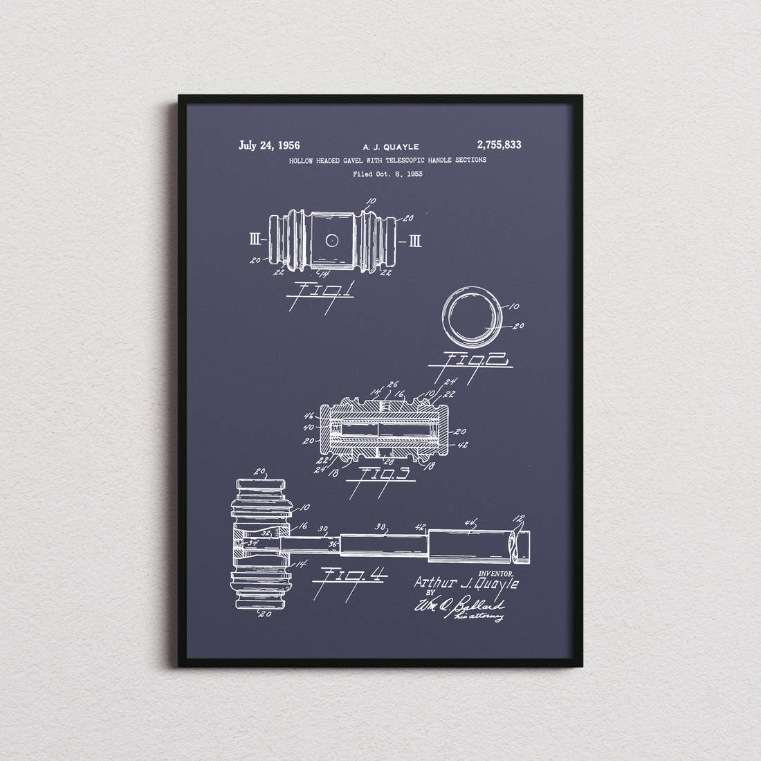 Gavel Patent Print in the navy colourway, framed