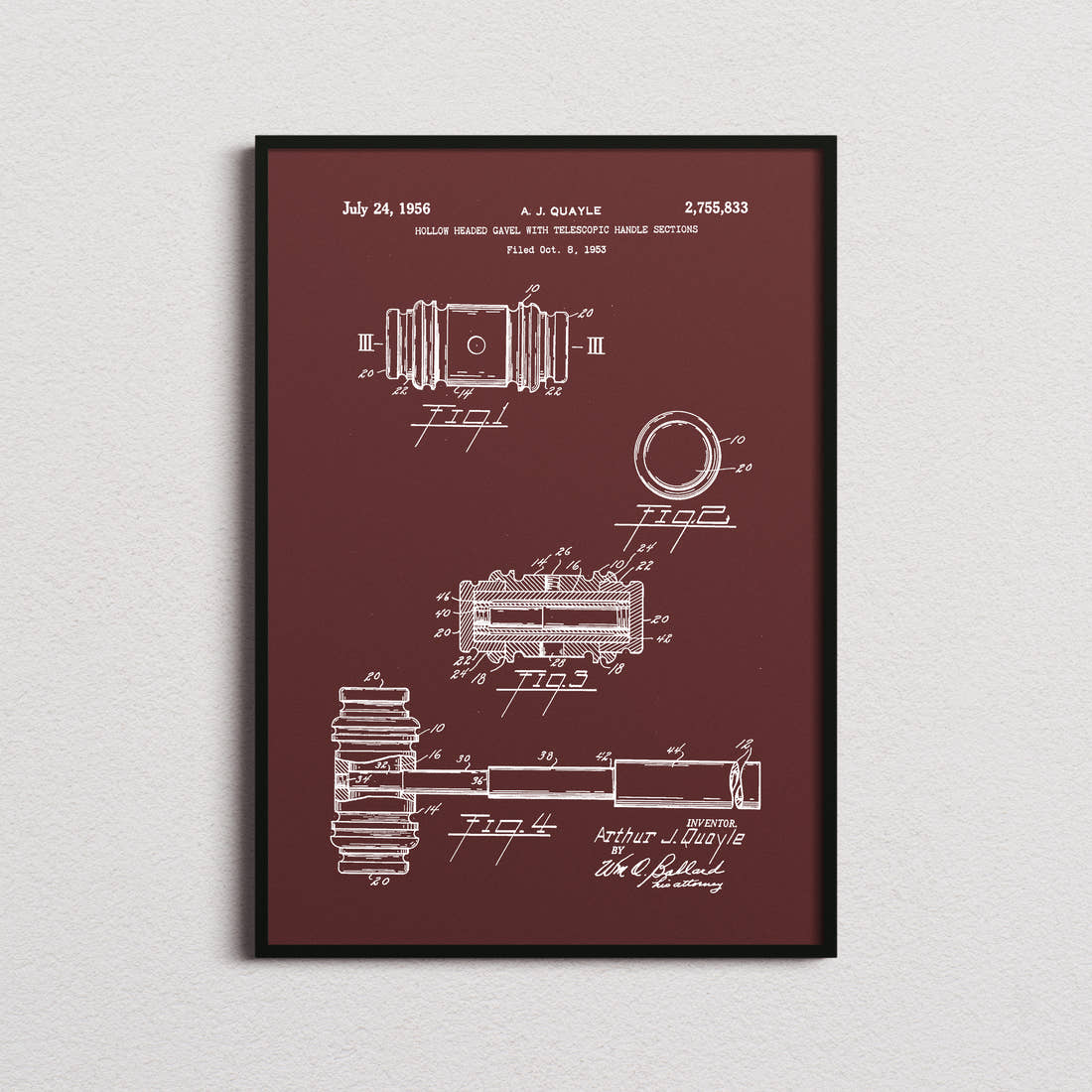 Gavel Patent Print in the burgundy colourway, framed