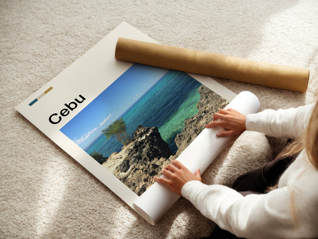 Cebu Rocky Coastal Cliff Travel Print being unrolled from its postal tube