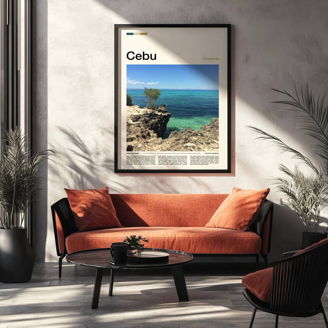Cebu Rocky Coastal Cliff Travel Print framed on the wall of a modern living room