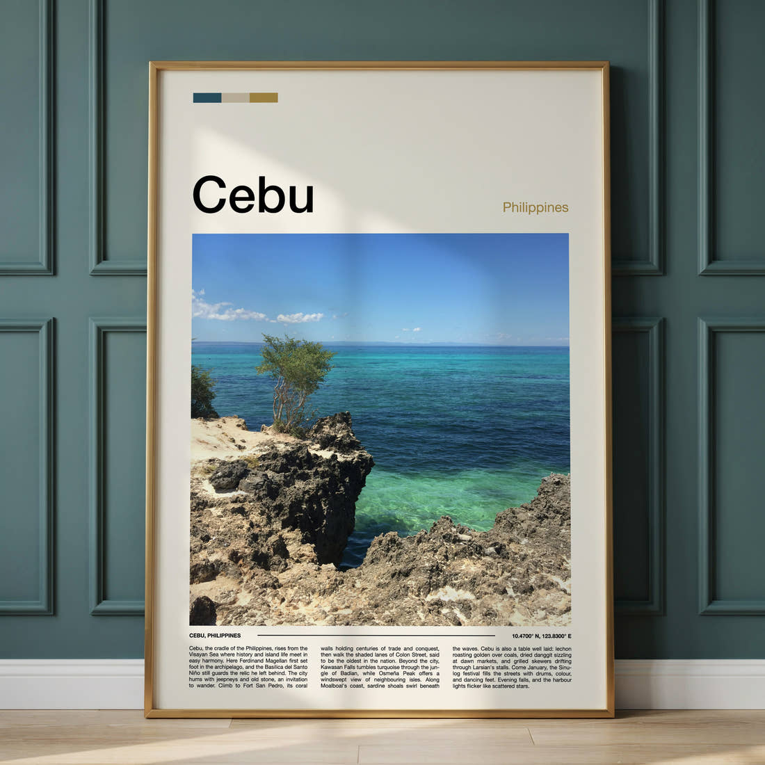 Cebu Rocky Coastal Cliff Travel Print framed on the wall of a calm, neutral bedroom