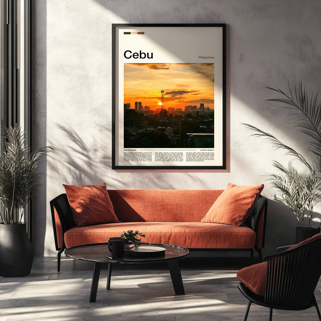 Cebu Sunset City Skyline Travel Print framed on the wall of a modern living room