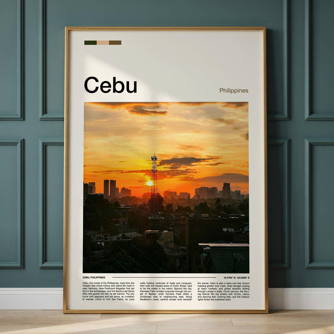 Cebu Sunset City Skyline Travel Print framed on the wall of a calm, neutral bedroom