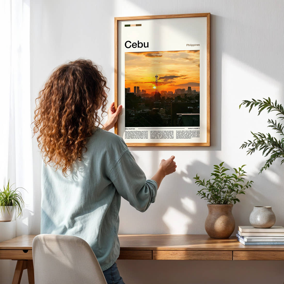 Cebu Sunset City Skyline Travel Print framed on a pale wall beside houseplants