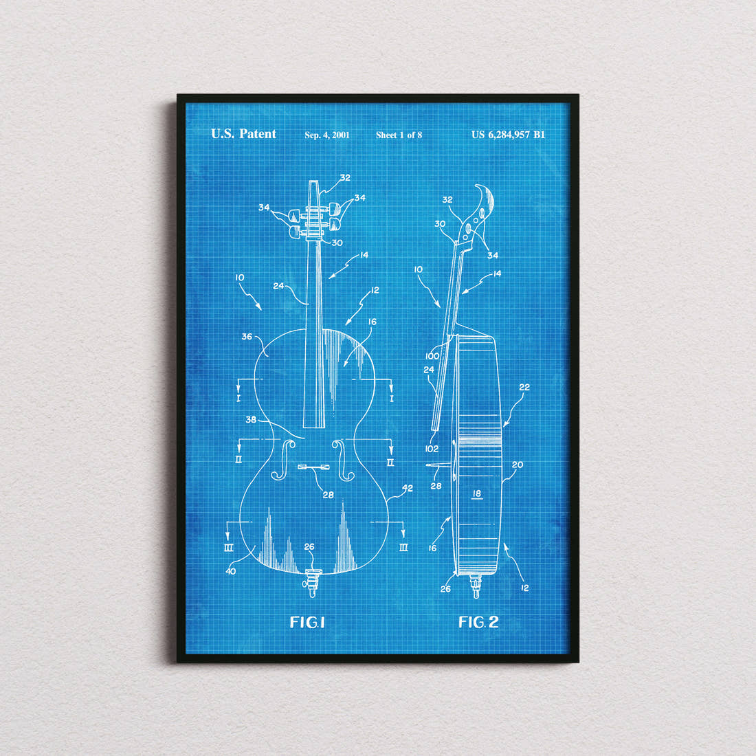 Cello Patent Print in the blueprint colourway, framed