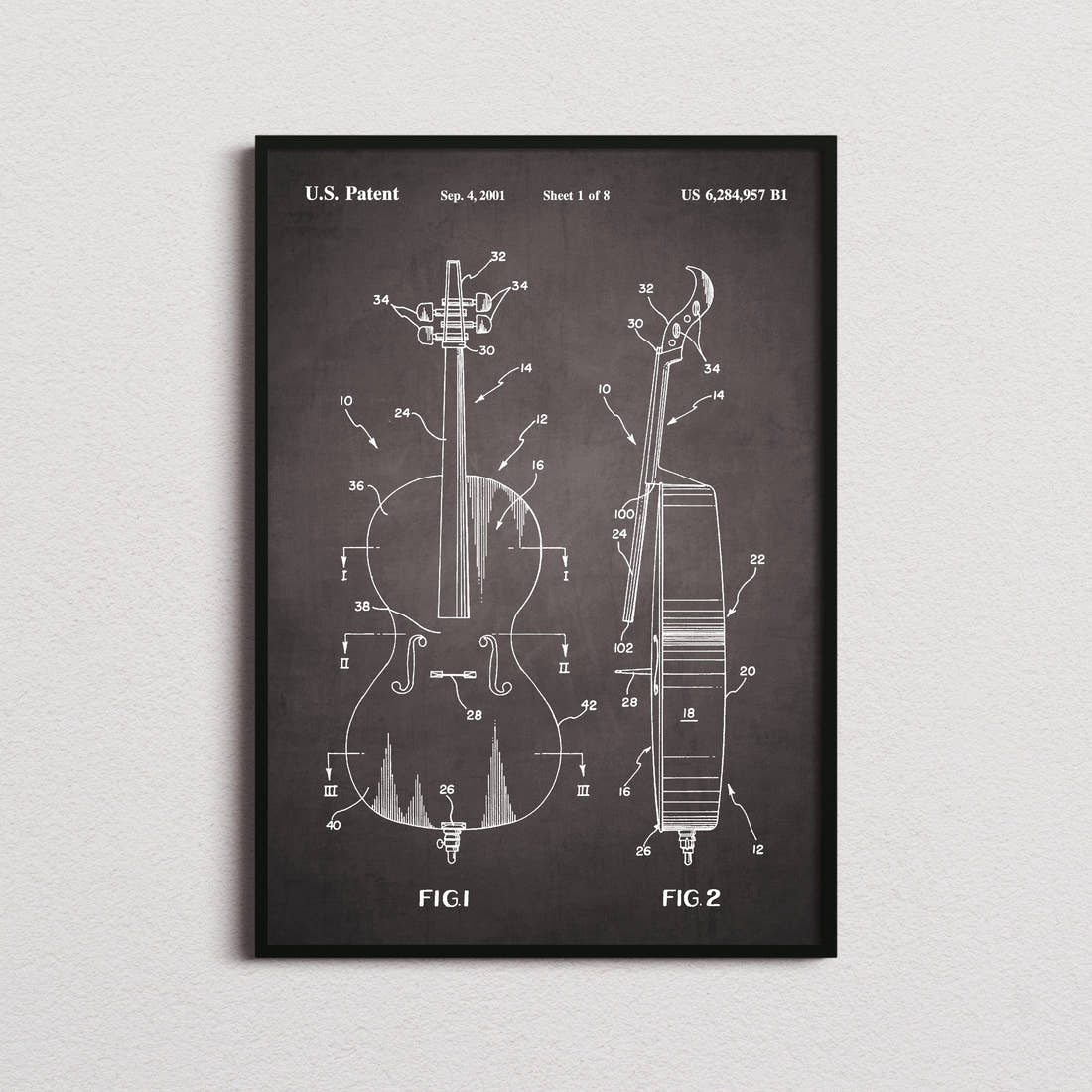 Cello Patent Print in the blackboard colourway, framed