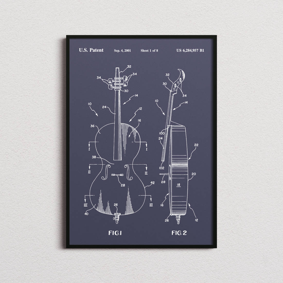 Cello Patent Print in the navy colourway, framed