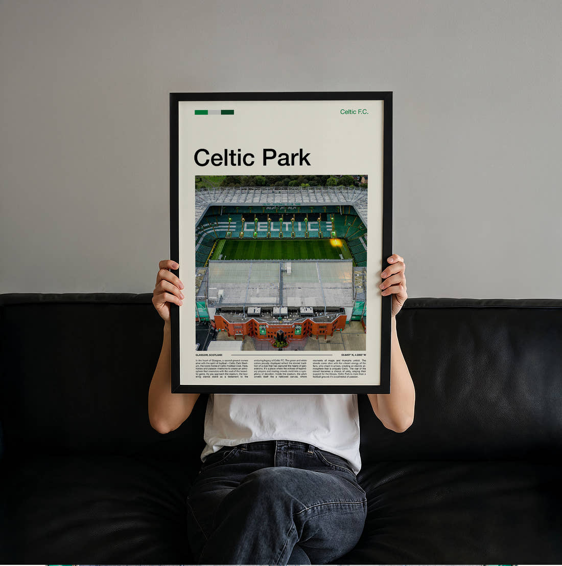 Celtic Park Stadium Print held up by hand to show the size of the print