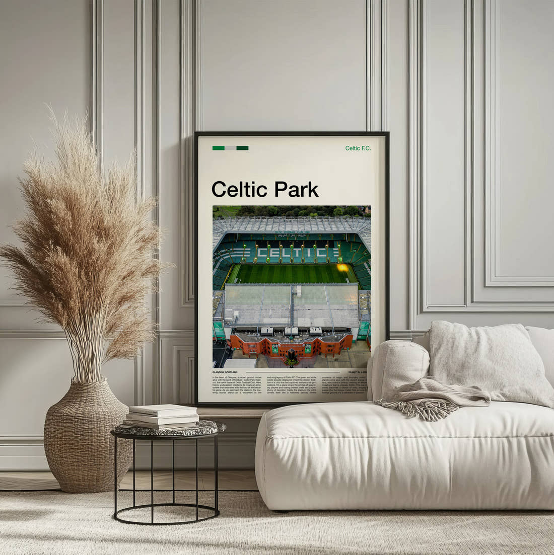 Celtic Park Stadium Print framed on the wall of a calm, neutral bedroom