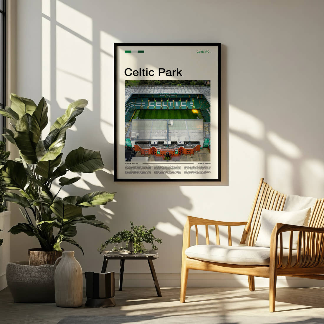 Celtic Park Stadium Print framed on a pale wall beside houseplants