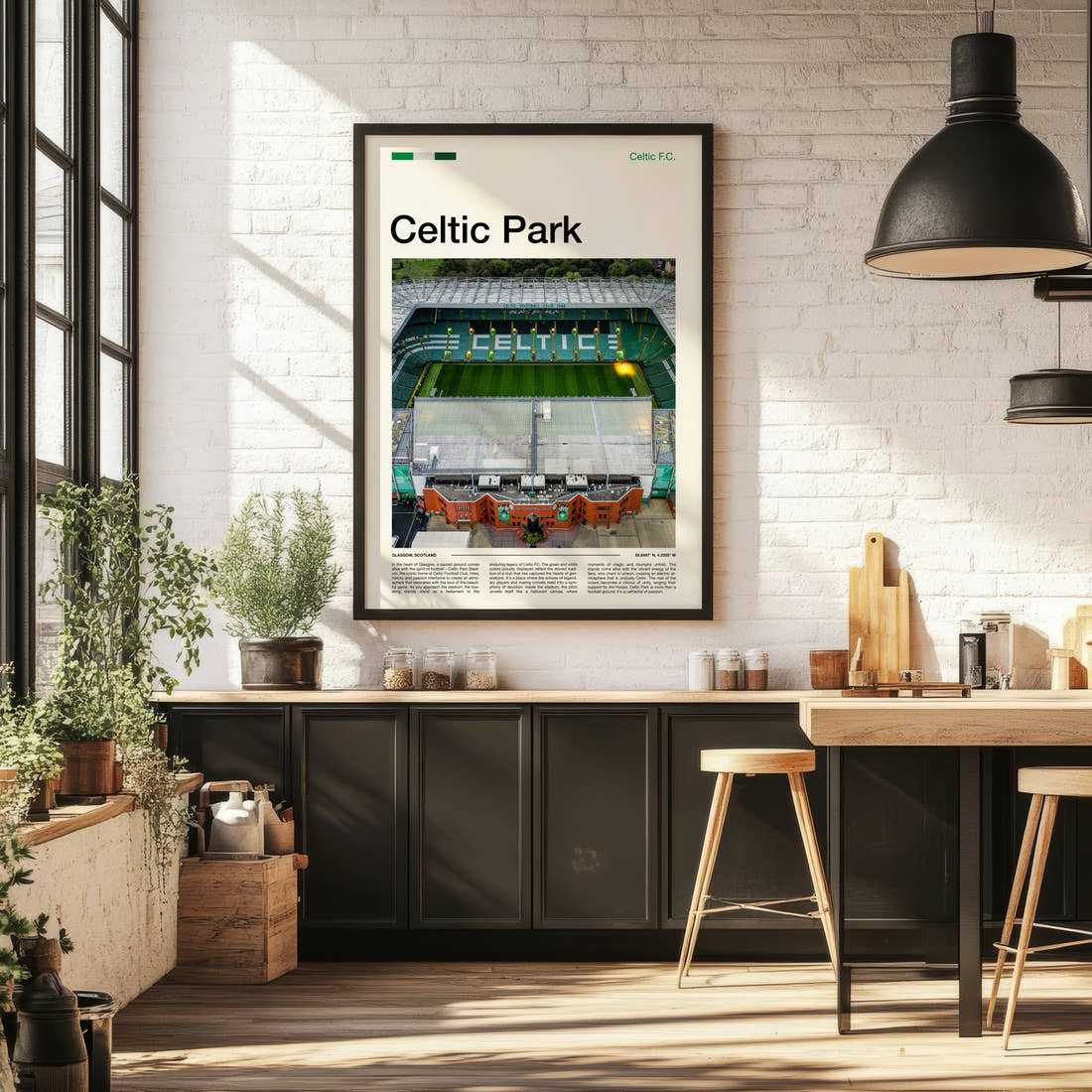 Celtic Park Stadium Print framed on the wall of a bright kitchen and dining space