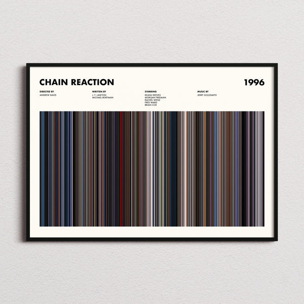 Chain Reaction Movie Barcode Poster framed and photographed straight on