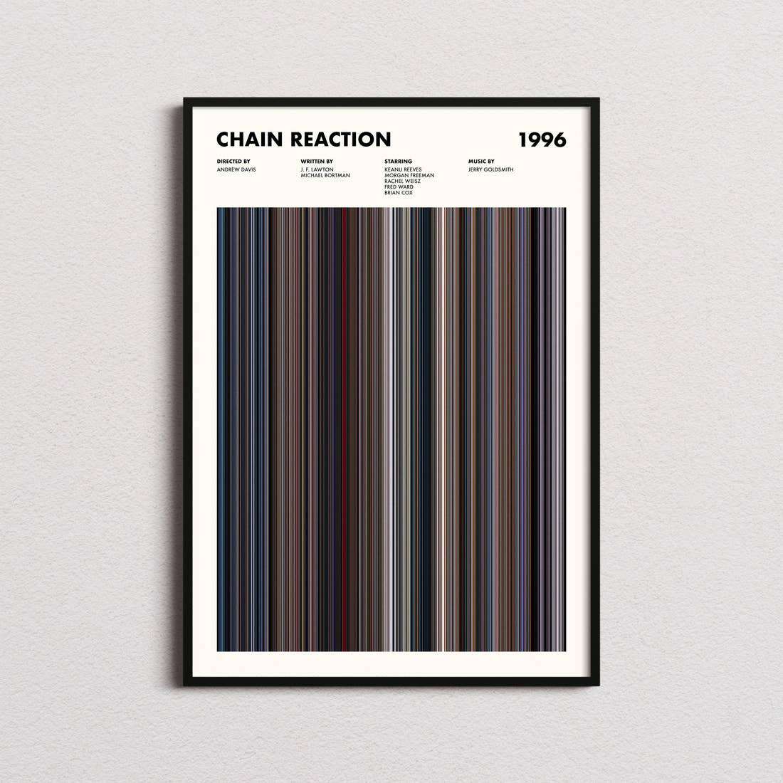 Chain Reaction Movie Barcode Poster framed on a plain studio wall
