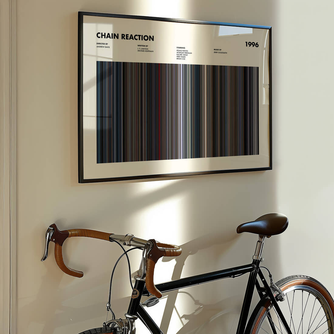 Chain Reaction Movie Barcode Poster framed on the wall of a styled room setting