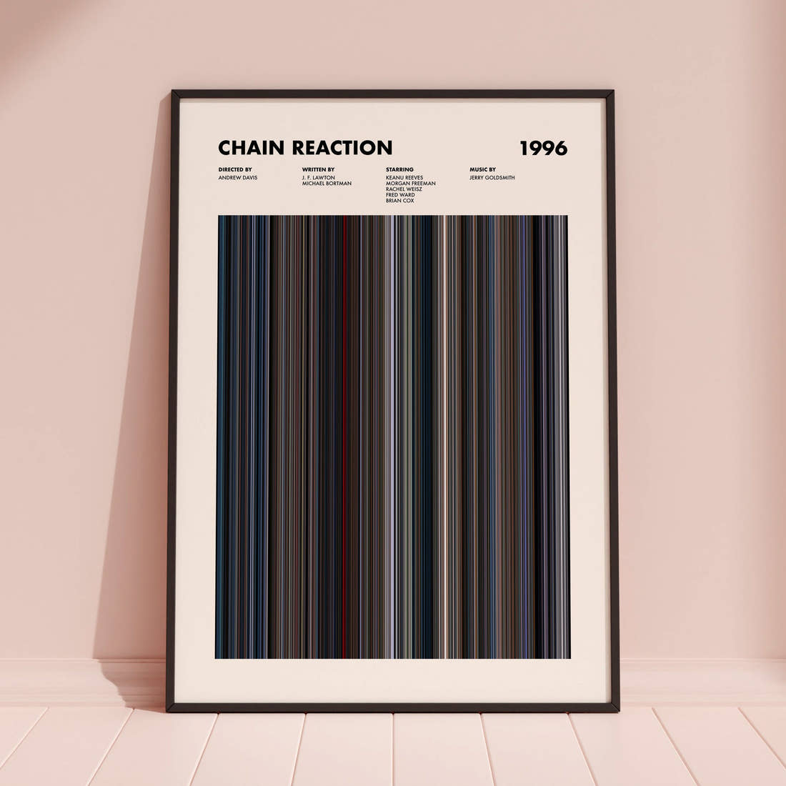 Chain Reaction Movie Barcode Poster framed and leaning against a coloured wall