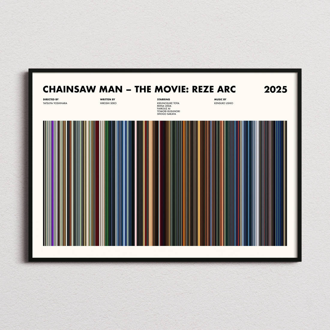 Chainsaw Man The Movie: Reze Arc Movie Barcode Poster framed and photographed straight on