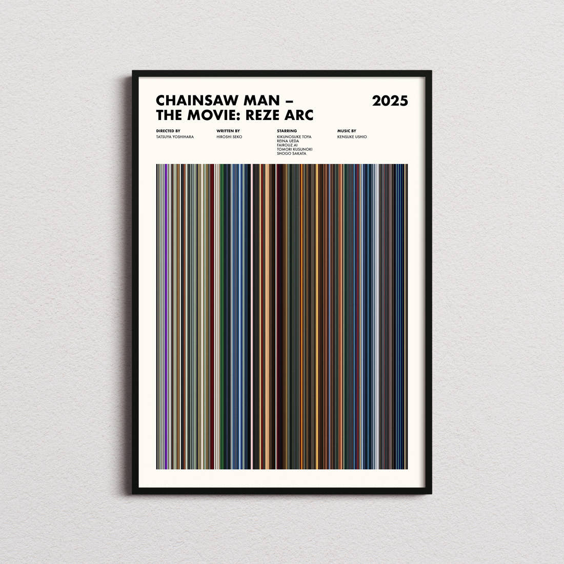 Chainsaw Man The Movie: Reze Arc Movie Barcode Poster framed on a plain studio wall