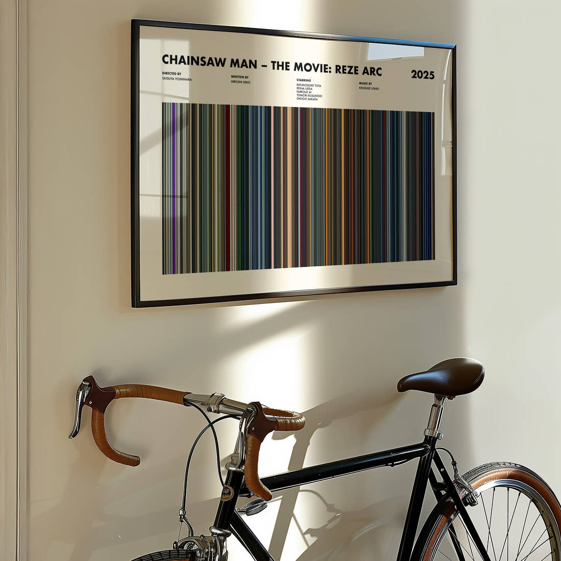 Chainsaw Man The Movie: Reze Arc Movie Barcode Poster framed on the wall of a styled room setting