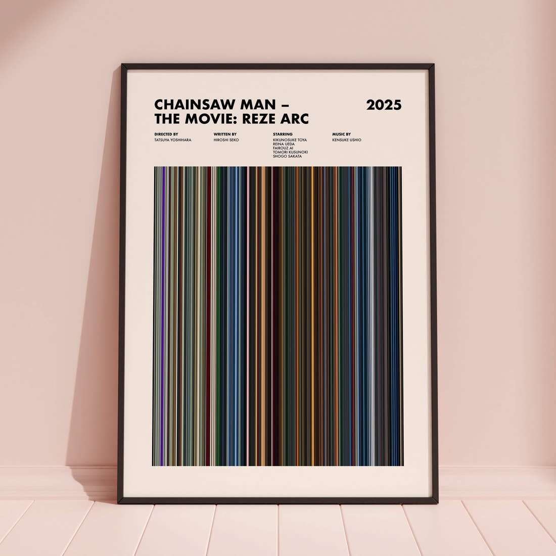 Chainsaw Man The Movie: Reze Arc Movie Barcode Poster framed and leaning against a coloured wall