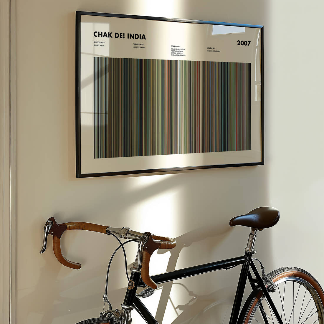 Chak De! India Movie Barcode Poster framed on the wall of a styled room setting