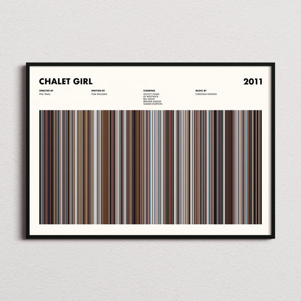 Chalet Girl Movie Barcode Poster framed and photographed straight on