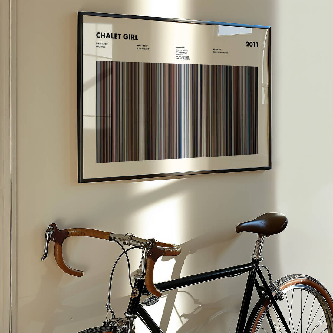 Chalet Girl Movie Barcode Poster framed on the wall of a styled room setting