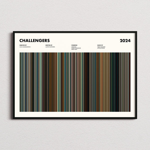 Challengers Movie Barcode Poster framed and photographed straight on