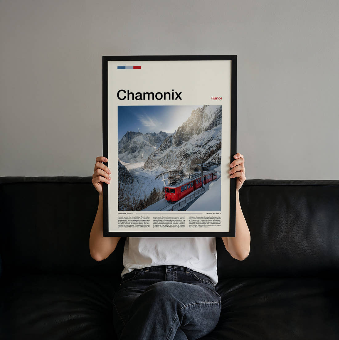 Chamonix Red Mountain Train Travel Print held up by hand to show the size of the print