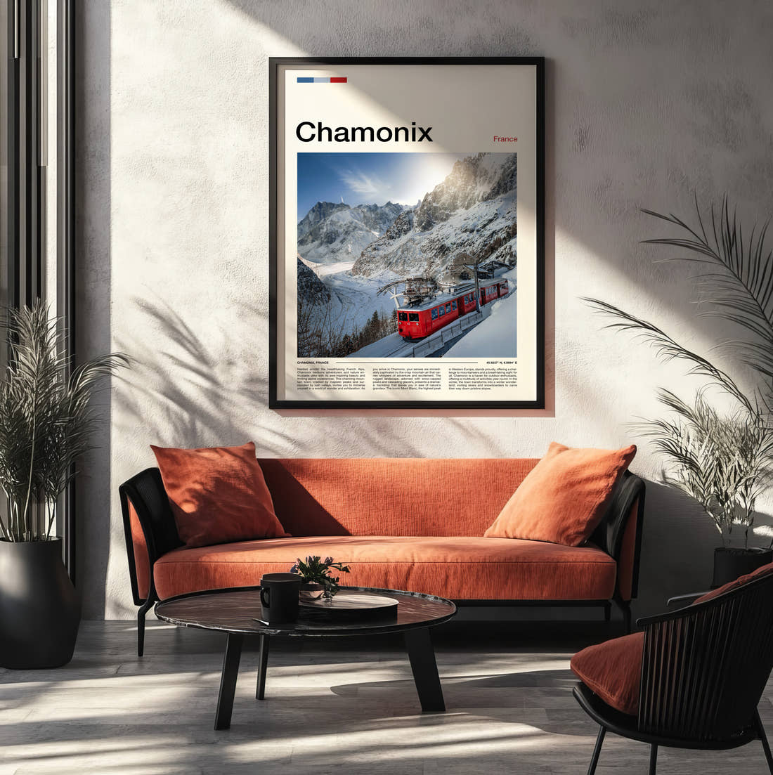 Chamonix Red Mountain Train Travel Print framed on the wall of a modern living room